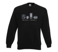Urban Backwoods Never Forget Sweatshirt - Retro Media VHS Video Cassette Floppy Disk Discette Diskette CD Audio Joke Comedy Nerd Hipster Indie Sizes S - 3XL Black