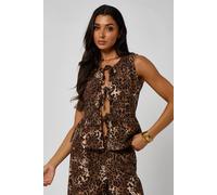 Urban Bliss Leopard Linen-Look Tie Front Waistcoat In Brown Brown 14