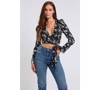 Urban Bliss Mono Black Floral Satin Wrap Top Black 14