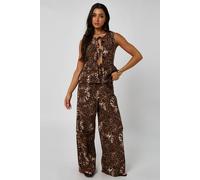 Urban Bliss Women's Leopard Linen-Look Elasticated Wide Leg Trouser in Brown | Size: 14 Urban Bliss Brown 14