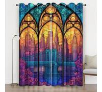 Urban Building Curtains 84 Inches Long, Stained Glass Eyelet Curtains for Bedroom, Thermal Insulated Energy Saving for Living Room Window Privacy Drapes Home Decor 2 Panels 52x84, Yellow