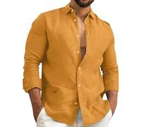 Urban Classics Fashion Simple Men Cotton Hemp Shirts - Long Sleeve Formal Business Casual Work Button Down Solid Top in Assorted Colours Orange