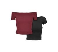 Urban Classics Women's Ladies Off Shoulder Rib Tee 2-Pack T-Shirt, Redwine+Black, L