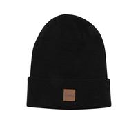 Urban Classics Unisex Knitted Hat for Men and Women, Leather Patch Long Beanie with Logo Patch on The Front, Black, One Size
