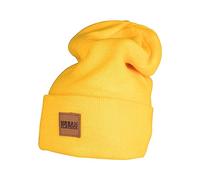 Urban Classics Unisex Knitted Hat for Men and Women, Leather Patch Long Beanie with Logo Patch on The Front, Chrome Yellow, One Size