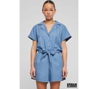 Urban Classics Women's Cotton Short Sleeve Button Up Collar Tie Waist Chambray Lightweight Denim Playsuit in Blue | Size: XL Urban Classics Blue XL