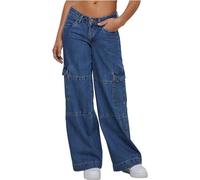 Urban Classics Women's Ladies Low Waist Cargo Denim Pants, Mid Indigo Washed,