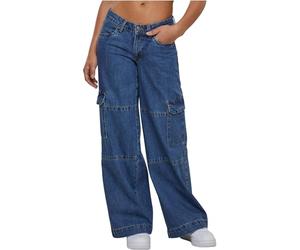 Urban Classics Women's Ladies Low Waist Cargo Denim Pants, Mid Indigo Washed,