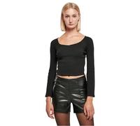 Urban Classics Women's Ladies Short Rib Wide V-Neck Longsleeve T-Shirt, Black, S