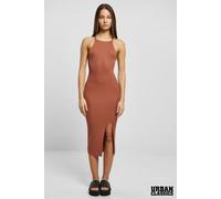 Urban Classics Women's Ribbed Knit Cross Back Halterneck Midi Bodycon Dress with Split in Terracotta | Size: Large Urban Classics Terracotta L