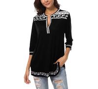 Urban CoCo Women's 3/4 Sleeve Boho Shirts Embroidered Peasant Top - Black -