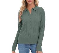 Urban CoCo Womens Cable Knit Sweaters Long Sleeve V Neck Pullover Polo Sweater Tops 2024 Winter Trendy Outfits, Greyish Green, L