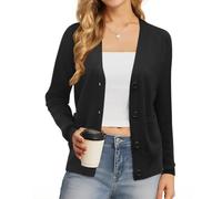 Urban CoCo Women's Cardigan Solid Button Down Long Sleeve Classic V Neck Knit Cardigan Sweater with Pockets, Black, L
