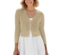 Urban CoCo Women's Cropped Cardigan V-Neck Button Down Knitted Sweater 3/4 Sleeve - brown - Medium