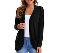 Urban CoCo Womens' Long Sleeve Knit Sweater Cardigans Curved Hem Open Front with Pockets, Black, XL
