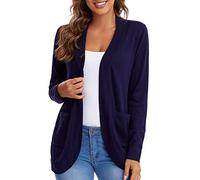 Urban CoCo Womens' Long Sleeve Knit Sweater Cardigans Curved Hem Open Front with Pockets, Navy Blue, Small