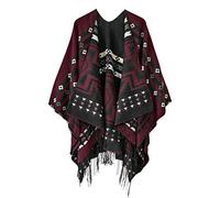 Urban CoCo Women's Printed Tassel Open front Poncho Cape Cardigan Wrap Shawl, Series 1-red, One size