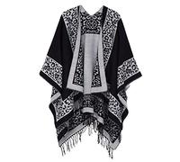 Urban CoCo Women's Printed Tassel Open front Poncho Cape Cardigan Wrap Shawl, Series 11-black, One size