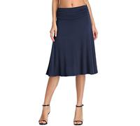 Urban Coco Women's Ruched High Waist Knee Length Jersey A-Line Stretchy Flared Casual Skirt, Navy Blue, L