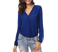 Urban CoCo Womens V Neck Ruffled Shoulder Business Causal Chiffon Blouse Button Down Shirts, Royal Blue, M