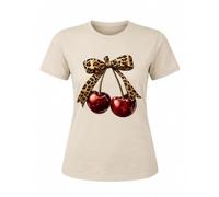 Urban Core Women's Leopard Bow Tie Cherry T Shirt | Cute Summer Graphic Tee | Casual Short Sleeve Cotton Top | Trendy Cherry Print Tee | S-XXL (UK, Alpha, L, Regular, Regular, Sand)