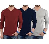 URBAN CREST Pack of 3 Plain Long Sleeve Shirt Men - Soft Comfortable V Neck Full Sleeves Fashion Tees for Men, Pack of 3 - Lgs Set 8 V-neck Shirt Mens-(m-blu-h), Large