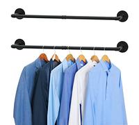 Urban Deco Clothes Rack 92cm Industrial Pipe Wall Mounted Clothes Rail For Bedroom Heavy Duty Detachable Wardrobe Rail Vintage Iron Garment Bar With 2 Base Black (Holds Up To 45 KG)-2 Packs