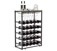 Urban Deco Wine Rack Free Standing Floor for 25 Bottles & 12 Wine Glasses, 5-Tier Wine Bottle Holder with Metal Frame and Wooden Tabletop, Liquor Shelf for Kitchen Bar Dining Room Living Room, Black