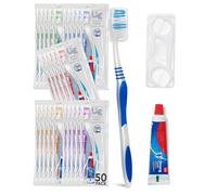 Urban Essentials Bulk Travel Toothbrush Kit - Includes Toothbrush + Cap, Toothpaste, Floss Picks, and Resealable Bag - TSA Approved Dental Care Set - Ideal for Donations Guest Bathroom Essentials (50)