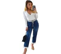 Urban Fashion Women Denim Floral Star Sweatpants Ribbed High Waisted Pockets Ladies Trousers Casual Summer Joggers Bottoms Italian Full Length Pants UK 8-22 (Plain Dark Denim, 20)