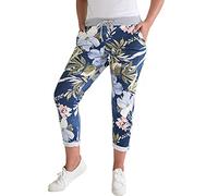 Urban Fashion Women Denim Floral Star Sweatpants Ribbed High Waisted Pockets Ladies Trousers Casual Summer Joggers Bottoms Italian Full Length Pants UK 8-22 (Jungle Dark Denim, 22)