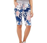Urban Fashion Women Italian Denim Active Yoga Cropped Shorts Printed Floral Pants Joggers Ladies Drawstring Cotton Summer Trousers 8-22 (Rose Dark Denim, 22)