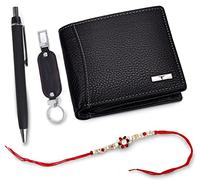 URBAN FOREST Rakhi Gift Hamper for Brother - Classic Black Men's Leather Wallet, Black Keyring, Pen and Rakhi Combo Gift Set for Brother - 4700