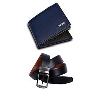 Urban Forest RFID Blocking Blue/Grey Leather Wallet & Black/Tan Formal Reversible Leather Belt Combo Gift Set for Men, black, Multicolor, One Size, Simple