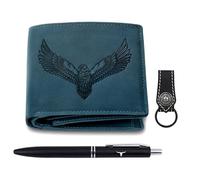 URBAN FOREST Zev Leather Wallet, Black Pen & Keychain Combo Gift Set for Men, Vintage Blue, Contemporary