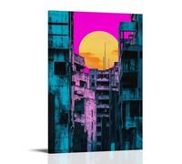 Urban Futuristic Digital Glitch Canvas Wall Art Hanging Paintings Poster Neon Blue Pink Abstract Street Art Print for Living Room Bedroom Aesthetic Home Decoration 16x24inch(40x60cm)