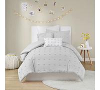 URBAN HABITAT Brooklyn Duvet Set 100% Cotton Jacquard, Tufts Accent, Embroidered Toss Pillows, Shabby Chic All Season Comfoter Cover, Matching Shams, Bedskirt, Twin/Twin XL, Grey 5 Piece
