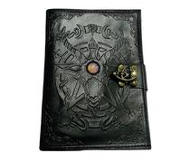 Urban Leather 7 Inch Black Leather Satan Journal with Stone for Men Women, Baphomet Book of Shadows Spells and Magic, Artist Drawing Sketchbook Diary, Unlined White Pages