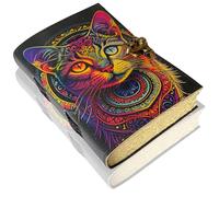 Urban Leather 7 inch Cat Leather Journal UV Print, Handmade Multicolor Design Compact Travel Diary with Deckled 200 Pages, Book of Shadows, Drawing Sketchbook, Writing Notebook