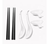 Urban Lifestyle Ramen Spoon Set for 2 People, White New Bone China Porcelain with 2 Soup Spoons, 2 Dipping Bowls with Chopstick Rest and 2 Pairs Wooden Chopsticks, Ramen Accessories Set (For 2 People)