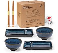 Urban Lifestyle Sushi Set for 2 Japanese Ceramic Dinner Set, Marine Blue Plates and Bowls Set with Reactive Glaze, 2 Plates, 2 Bowls for Sushi Rice & Miso Soup, 2 Pairs Bamboo Chopsticks Misaki