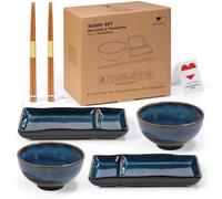 Urban Lifestyle Sushi Set for 2 Japanese Ceramic Dinner Set, Plates and Bowls Set with Reactive Glaze, 2 Plates, 2 Bowls for Sushi Rice & Miso Soup, 2 Pairs Bamboo Chopsticks Misaki (Marine Blue)