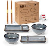 Urban Lifestyle Sushi Set for 2 Japanese Ceramic Dinner Set, Plates and Bowls Set with Reactive Glaze, 2 Plates, 2 Bowls for Sushi Rice & Miso Soup, 2 Pairs Bamboo Chopsticks Misaki (Grey Blue)