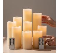 Urban London Ivory Real Wax Flameless LED Pillar Candles Set with Remote Timer Waterproof Flickering Light for Home Decor Parties Wedding (9pcs in 6 Sizes from 4in to 9in)