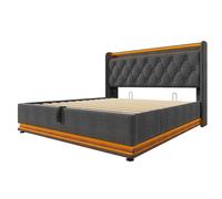 URBAN MEUBLE LED Ottoman Bed Frame King Size 5ft Hydraulic Storage Linen Grey with USB Charging, 150x200cm