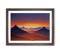 Urban Mountain Sunset Framed Print | A3 Walnut Framed Wall Art | Ready to Hang | Modern Cityscape Picture | Living Room Bedroom Lounge Office