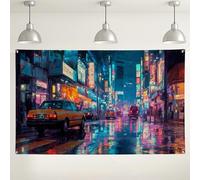 Urban Night Cityscape Backdrop, Colorful Rainy Street Photography Background, Ideal for Party Events and Home Decor 71x43 Inch