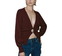 URBAN REVIVO Women Knitted Cardigans Long Sleeve V-Neck Lightweight Sweater One Leaf Button Down Outwear, Wine Red, Small