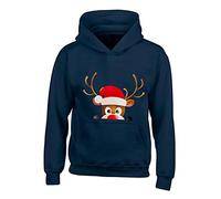 Urban Road Kids Christmas Novelty Hiding Reindeer Festive Hooded Top Xmas Gift Hoody (7 Years, Navy)