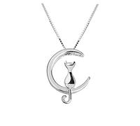 URBAN SHe° ' The Cat is Over the Moon' Sterling Silver Cat Kitten Crescent Moon Cat Necklace Pendant 925 Silver 3D Cat Lover Daily Jewellery Gift Idea (Silver Moon)